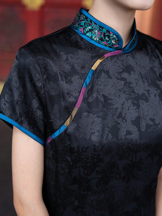 Short Sleeve Jacquard Floral Designs Slit New Chinese Style Cheongsam Qipao Dress