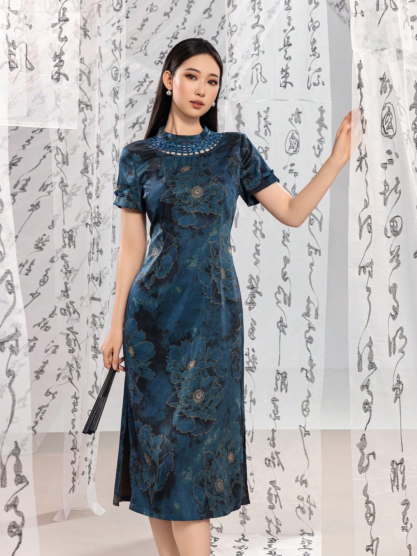 princess polly baby blue dress Navy Blue Velvet Lace Trim Long Qipao Dress – Oriental Me main image 1