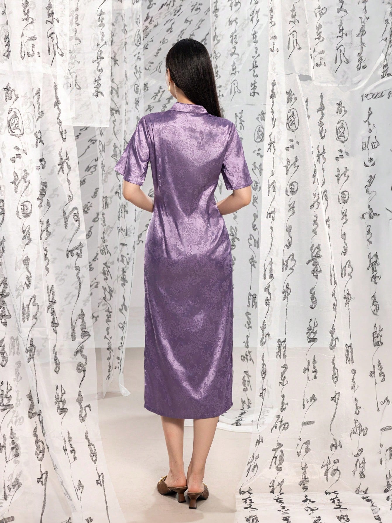 Short Sleeve Jacquard Floral Designs Split Thigh New Chinese Style Cheongsam Qipao Dress