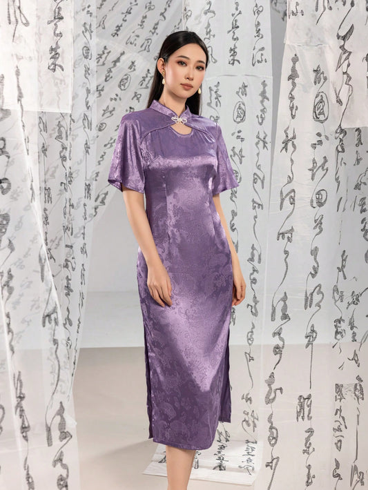 Short Sleeve Jacquard Floral Designs Split Thigh New Chinese Style Cheongsam Qipao Dress