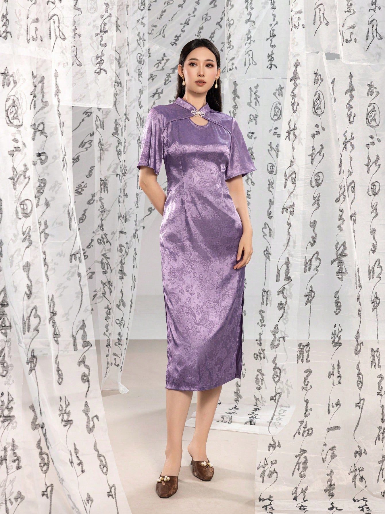 Short Sleeve Jacquard Floral Designs Split Thigh New Chinese Style Cheongsam Qipao Dress