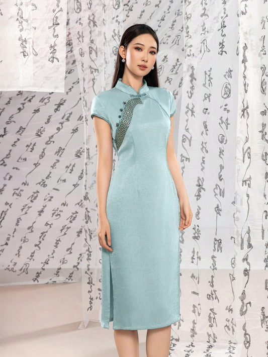 Short Sleeve Split Thigh Knot Button Satin New Chinese Style Cheongsam Qipao Dress