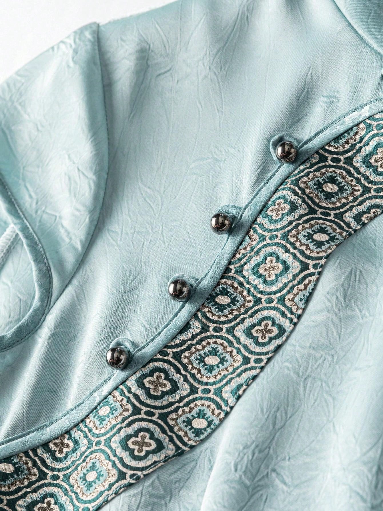 Short Sleeve Split Thigh Knot Button Satin New Chinese Style Cheongsam Qipao Dress
