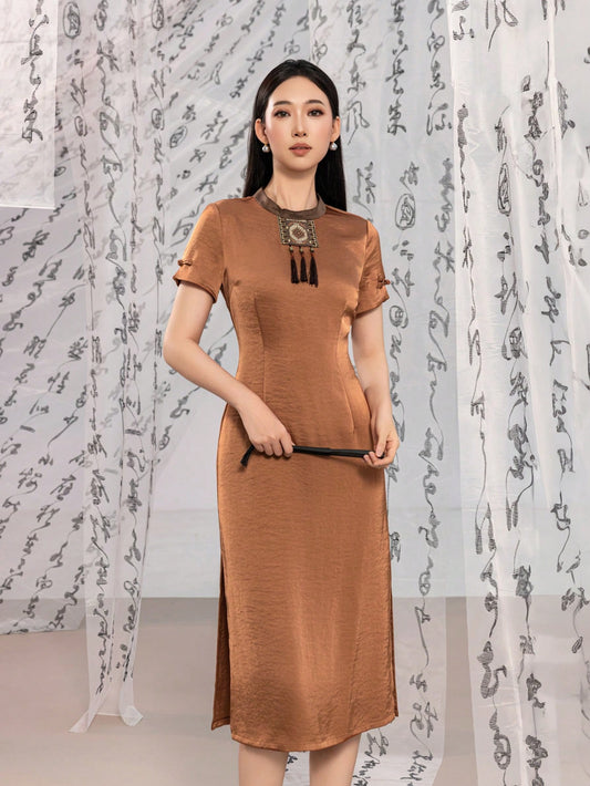 Short Sleeve Tassel Trim Split Thigh Satin New Chinese Style Cheongsam Qipao Dress