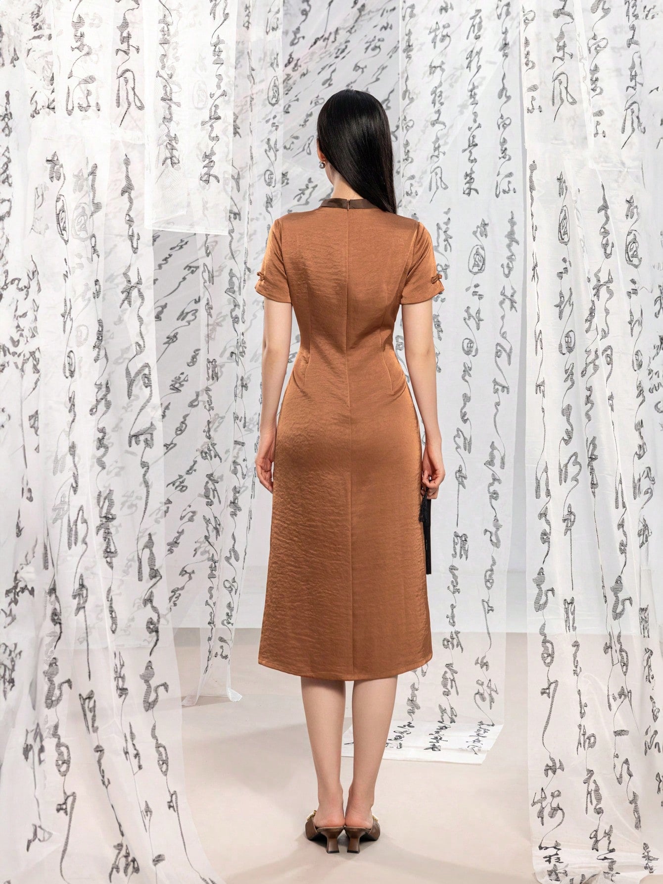 Short Sleeve Tassel Trim Split Thigh Satin New Chinese Style Cheongsam Qipao Dress