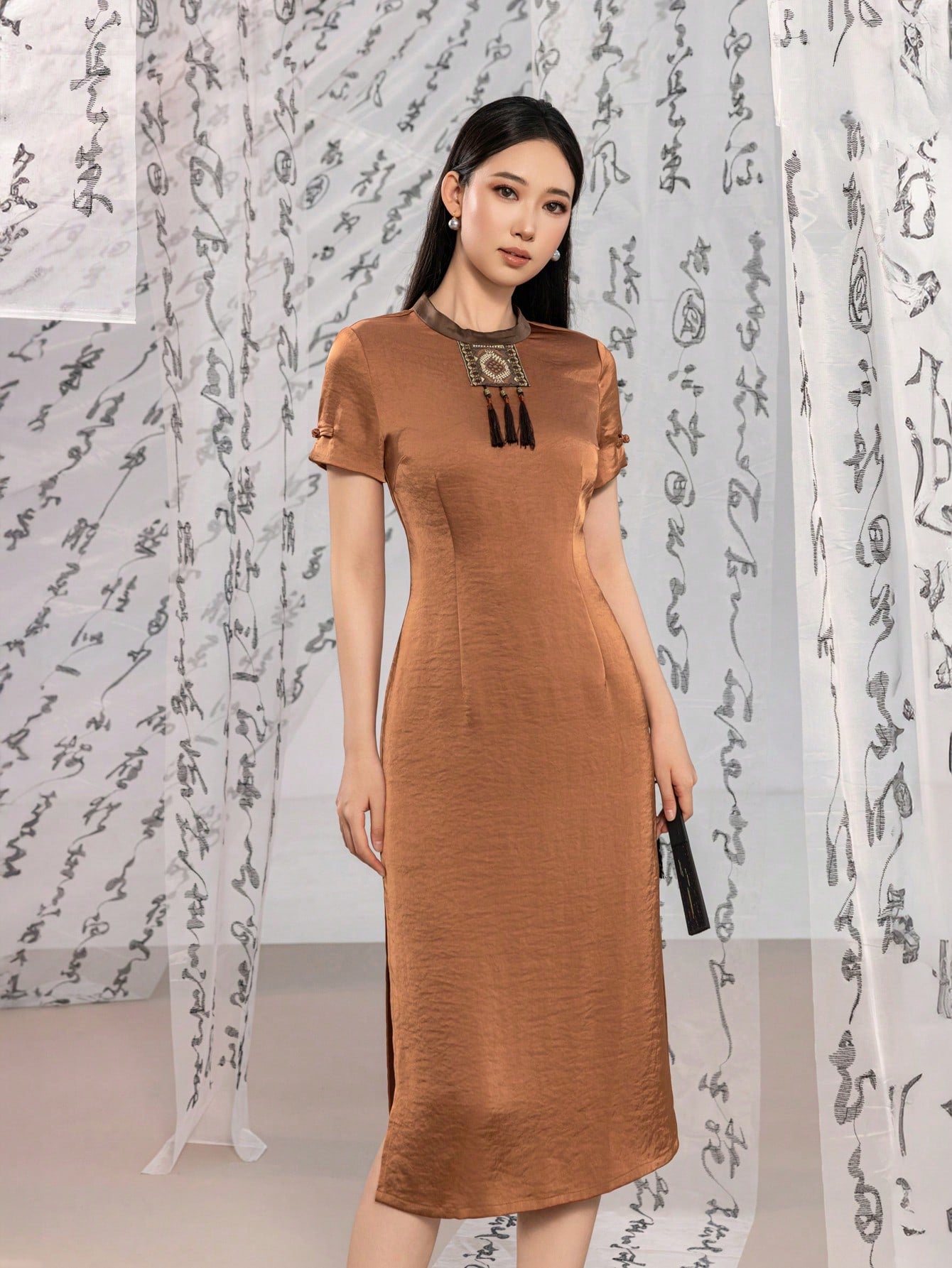 Short Sleeve Tassel Trim Split Thigh Satin New Chinese Style Cheongsam Qipao Dress
