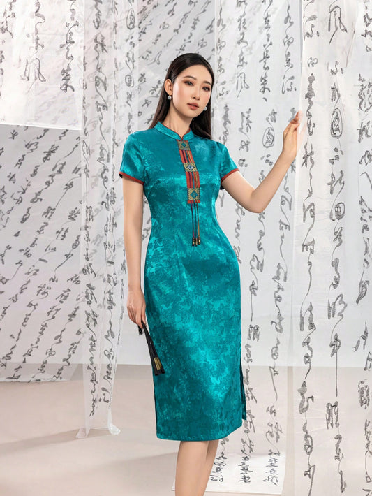 Short Sleeve Jacquard Floral Designs New Chinese Style Cheongsam Qipao Dress