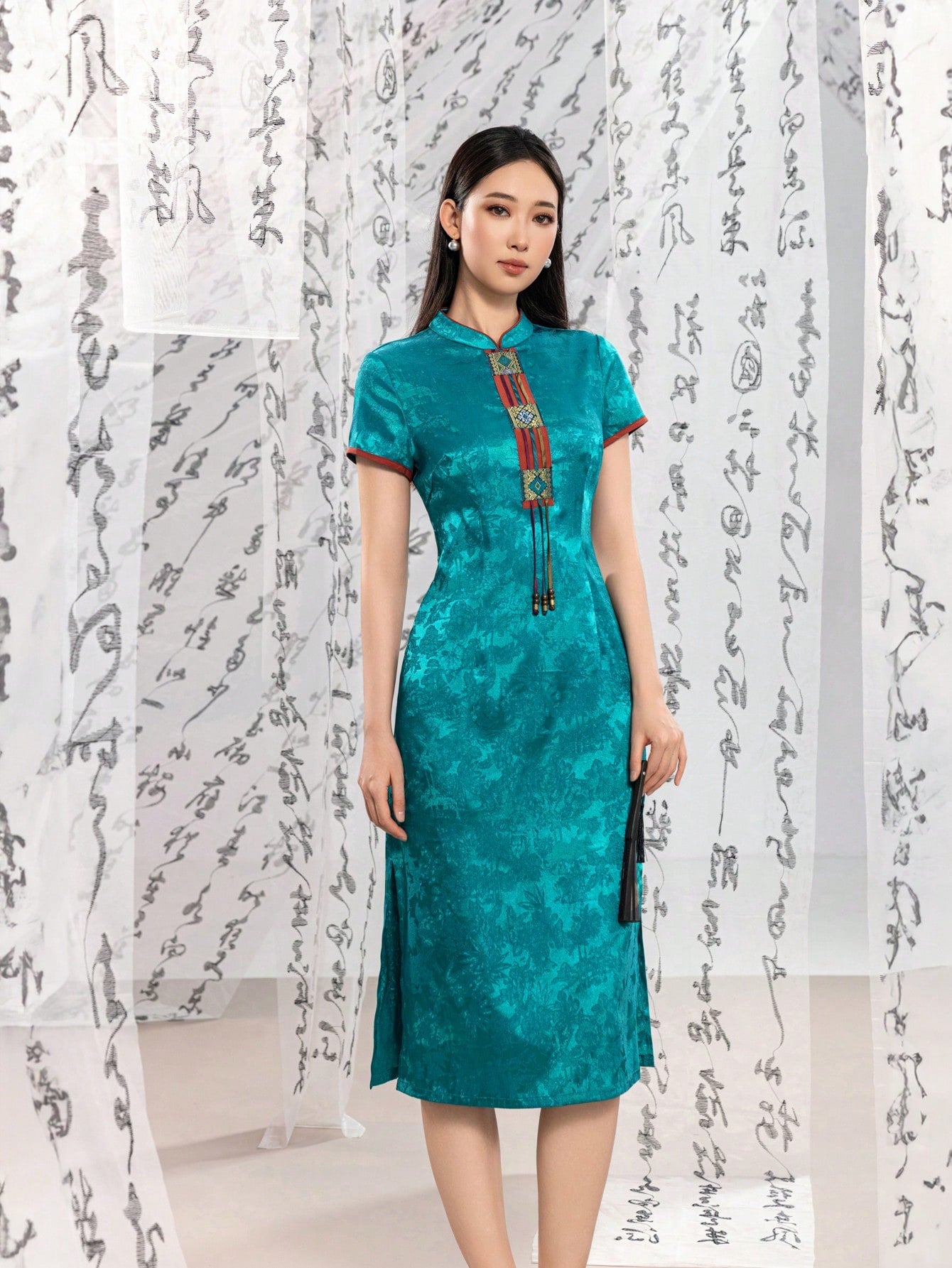 Short Sleeve Jacquard Floral Designs New Chinese Style Cheongsam Qipao Dress