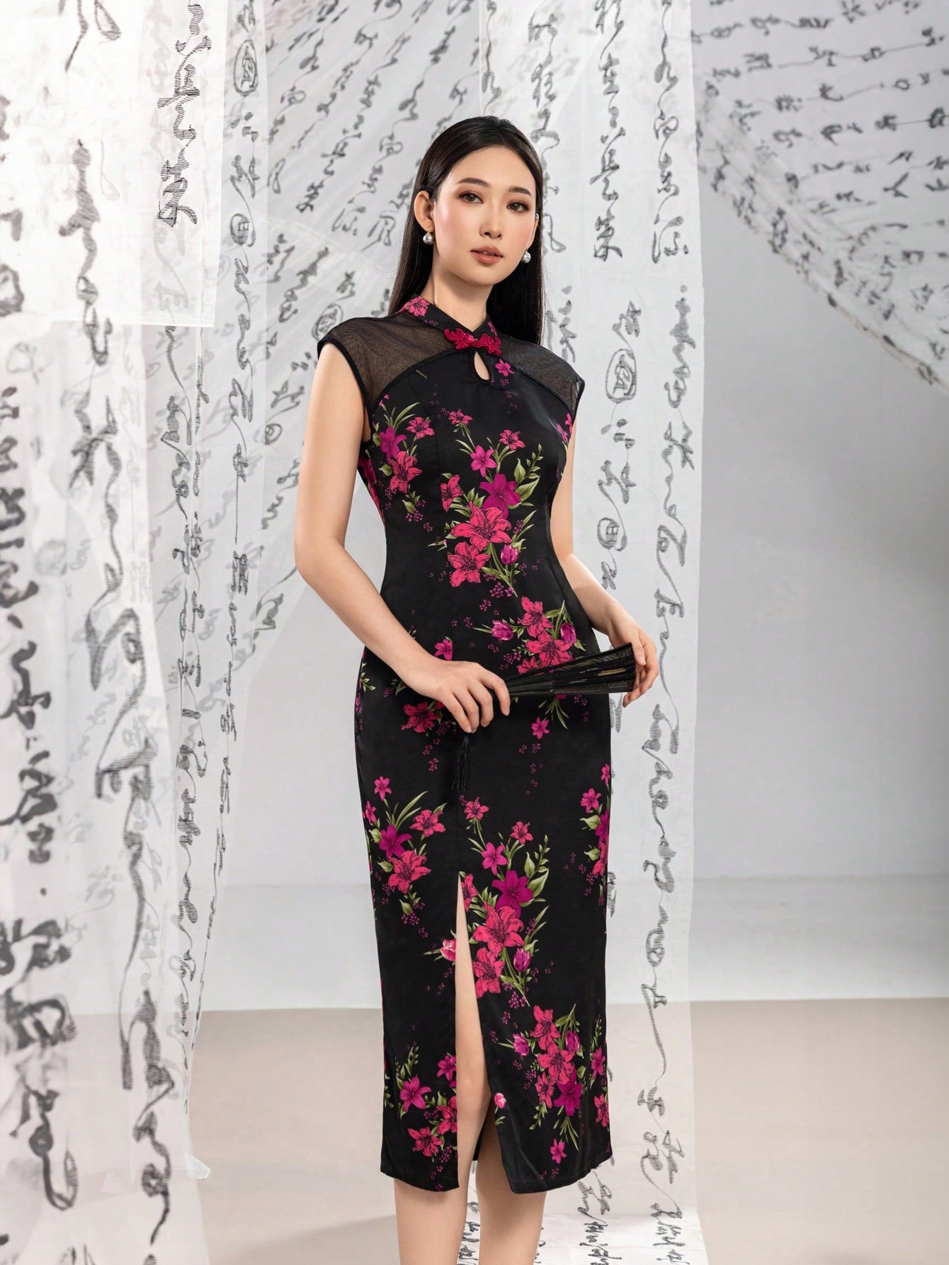 Sleeveless Drop Collar Floral Designs New Chinese Style Cheongsam Qipao Dress
