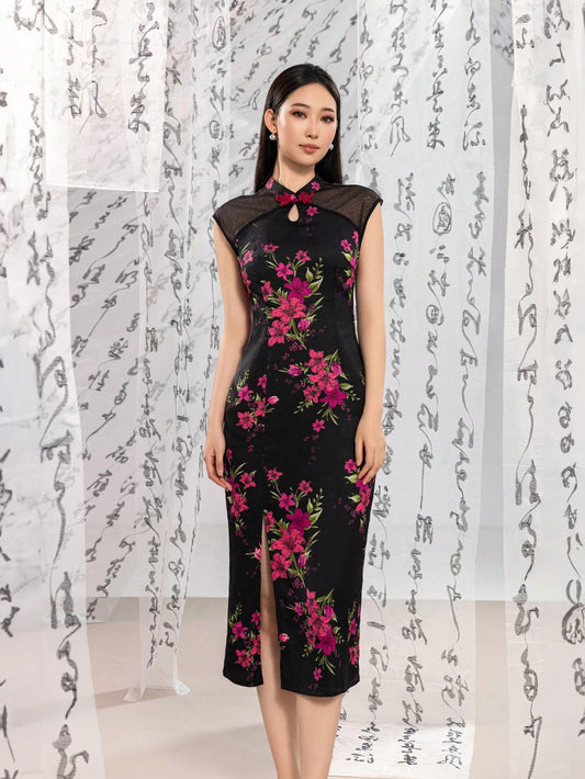 Sleeveless Drop Collar Floral Designs New Chinese Style Cheongsam Qipao Dress