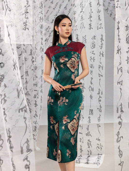 Sleeveless Knot Button Split Thigh Floral Designs New Chinese Style Cheongsam Qipao Dress