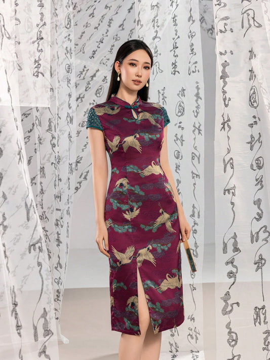 Woven Short Sleeve Knot Button Floral Designs New Chinese Style Cheongsam Qipao Dress