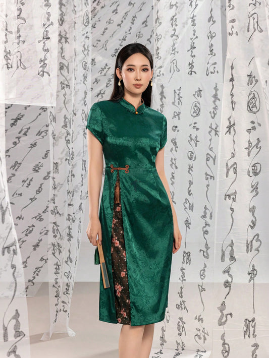 Short Sleeve Knot Button Jacquard Floral Designs New Chinese Style Cheongsam Qipao Dress