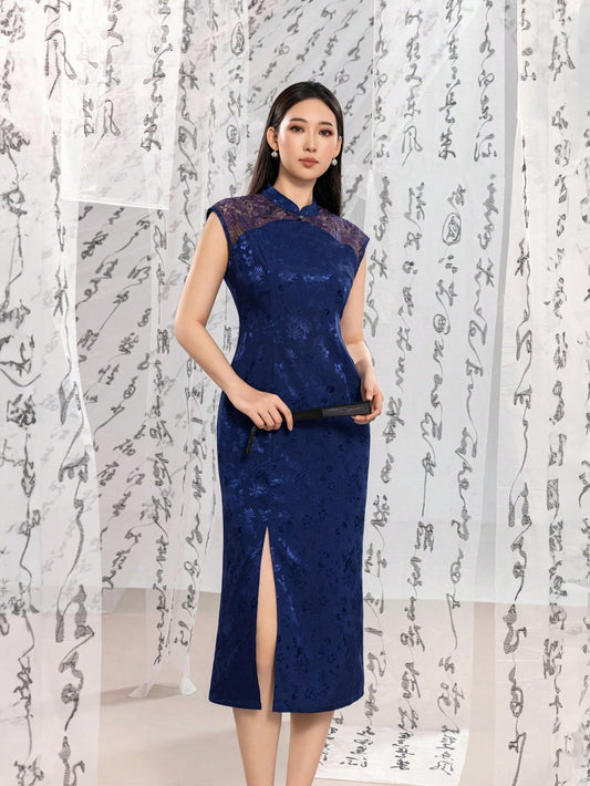 Sleeveless Connect Lace Floral Designs Split Thigh New Chinese Style Cheongsam Qipao Dress