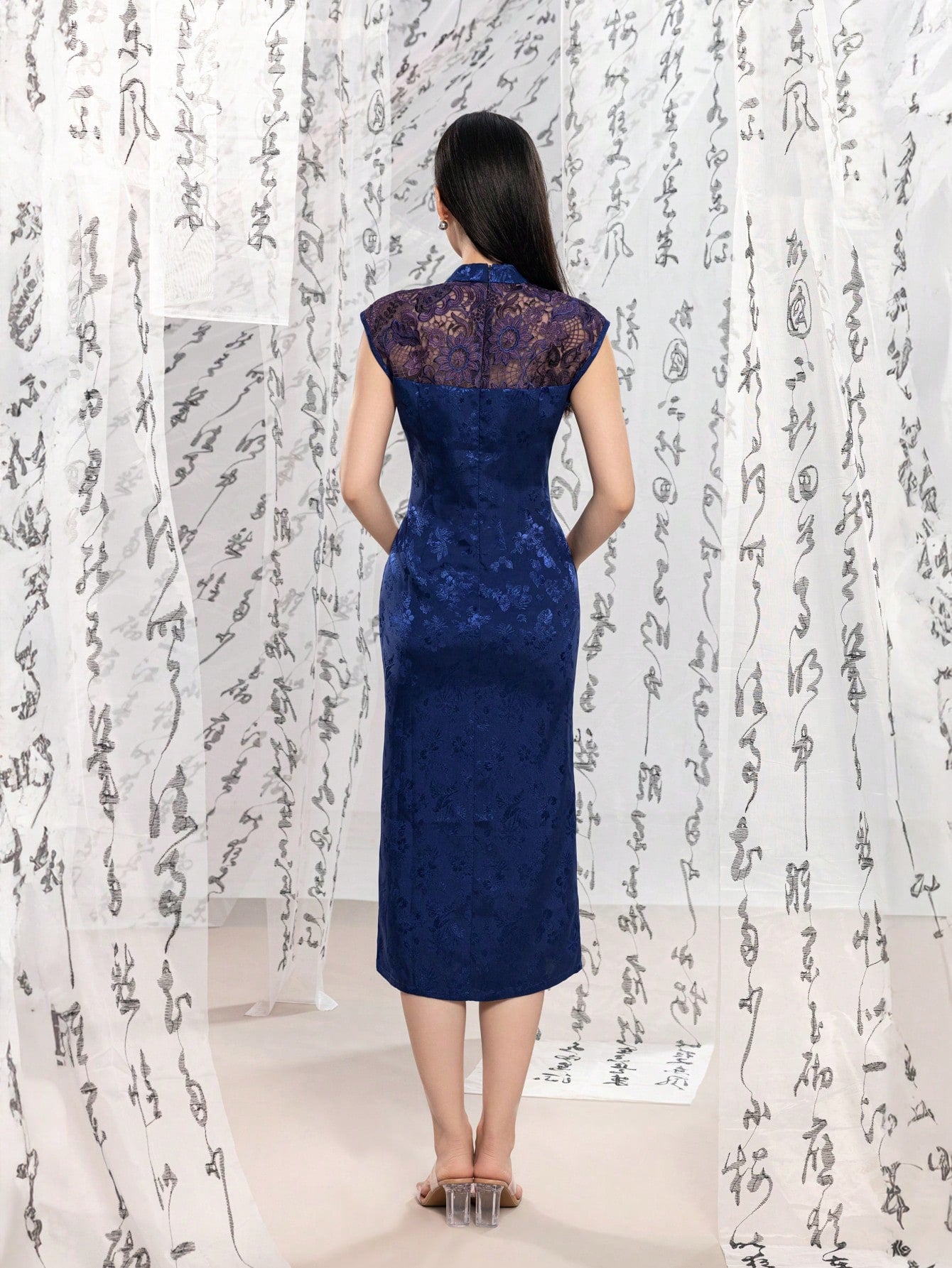Sleeveless Connect Lace Floral Designs Split Thigh New Chinese Style Cheongsam Qipao Dress