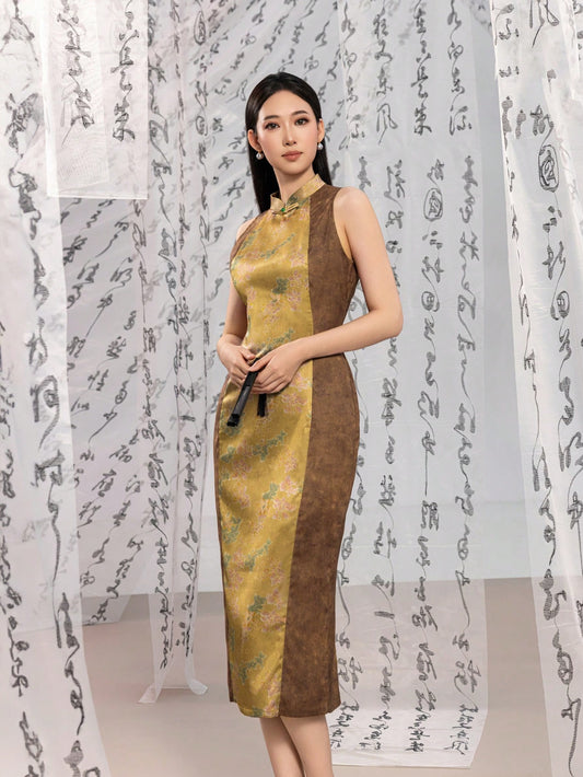 Sleeveless Floral Designs Contrast Color New Chinese Style Cheongsam Qipao Dress