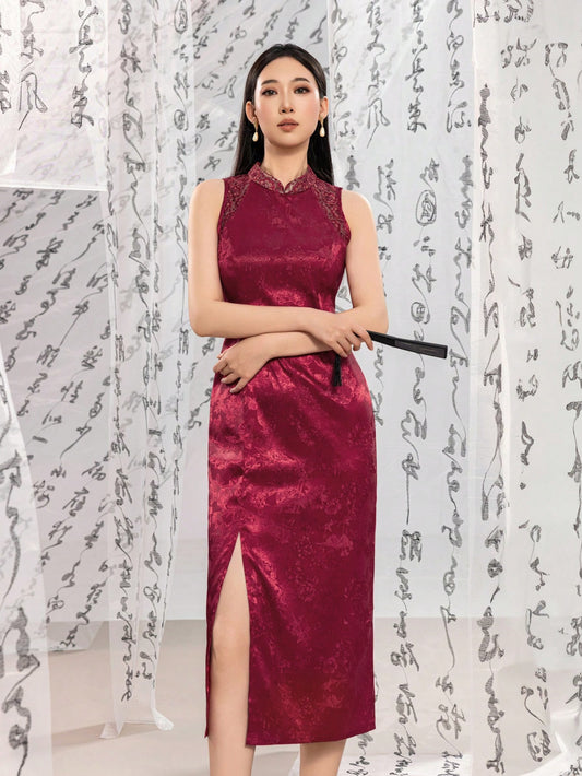 Sleeveless Floral Designs Split Thigh New Chinese Style Cheongsam Qipao Dress