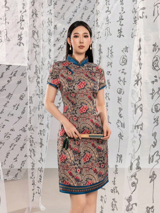 Short Sleeve Knot Button Floral Designs New Chinese Style Cheongsam Qipao Dress