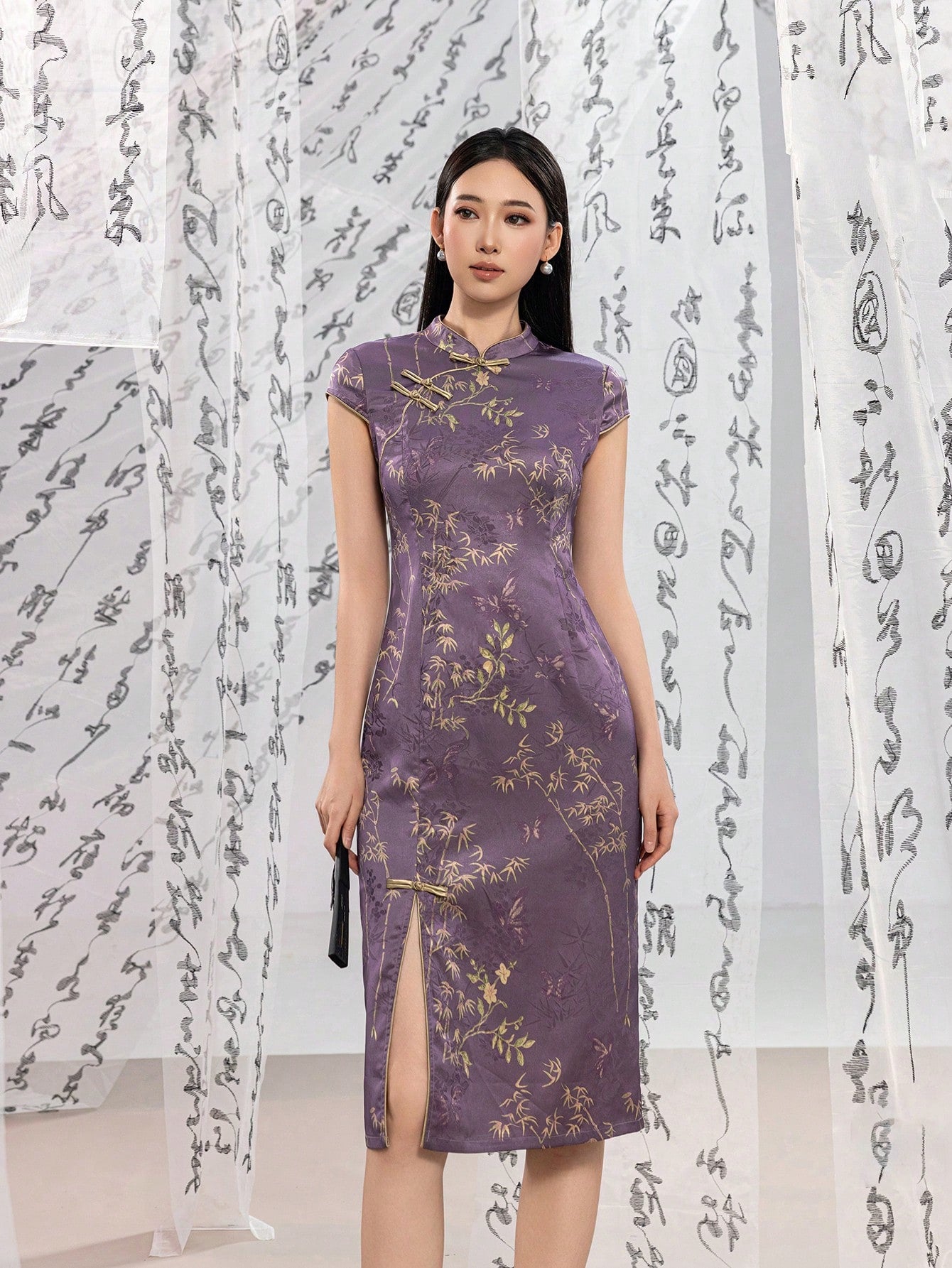 Short Sleeve Knot Button Floral Designs Slit New Chinese Style Cheongsam Qipao Dress