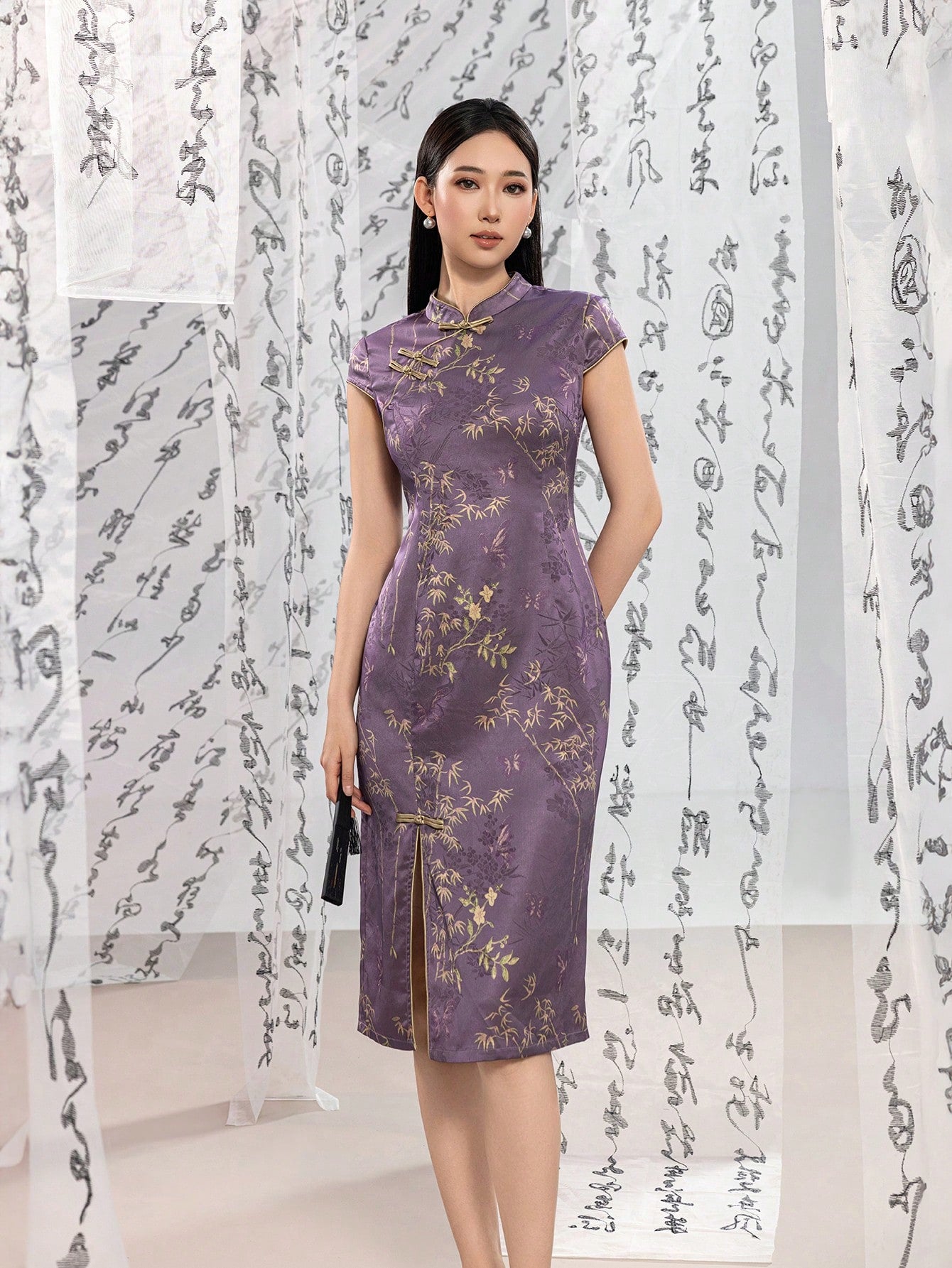 Short Sleeve Knot Button Floral Designs Slit New Chinese Style Cheongsam Qipao Dress