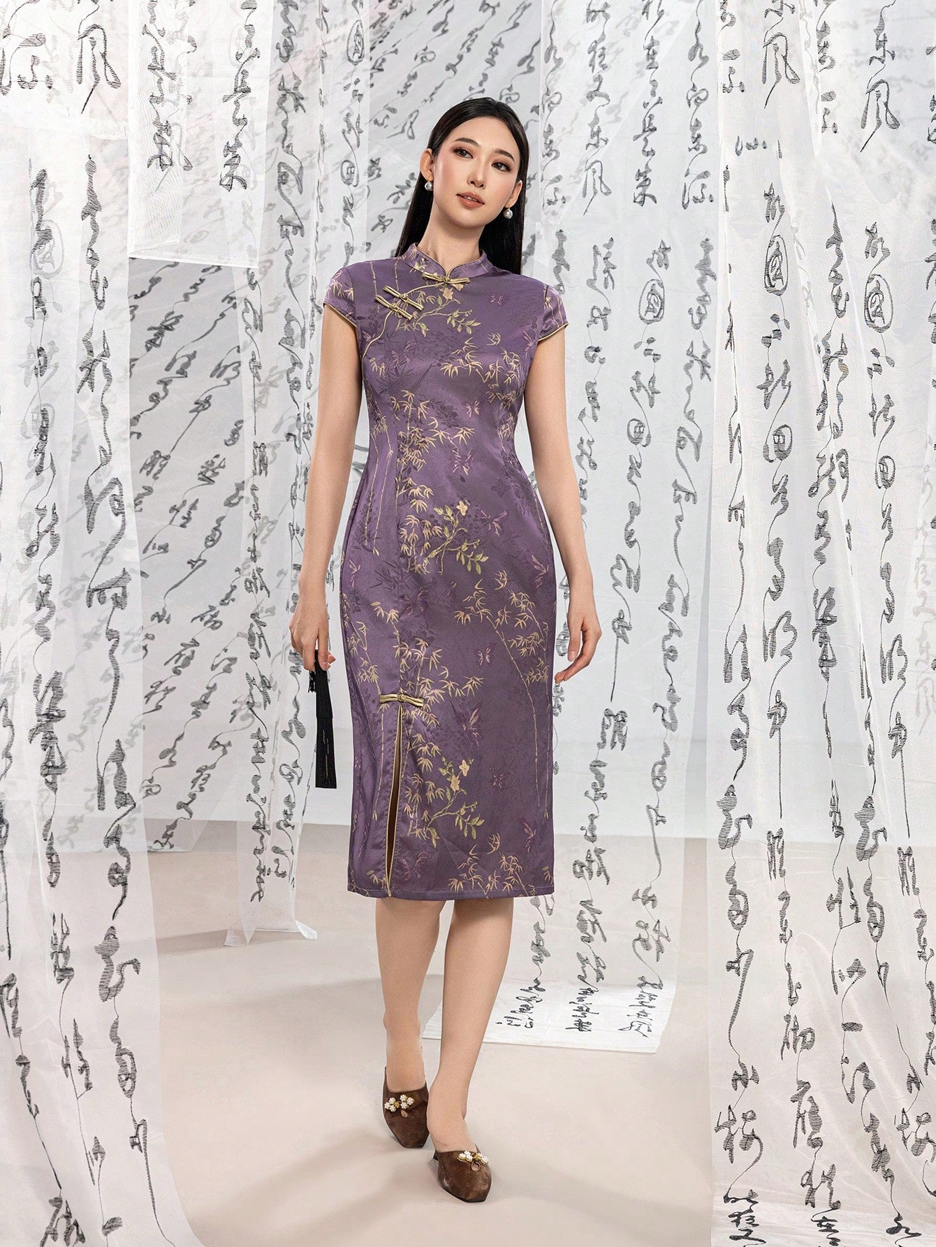 Short Sleeve Knot Button Floral Designs Slit New Chinese Style Cheongsam Qipao Dress