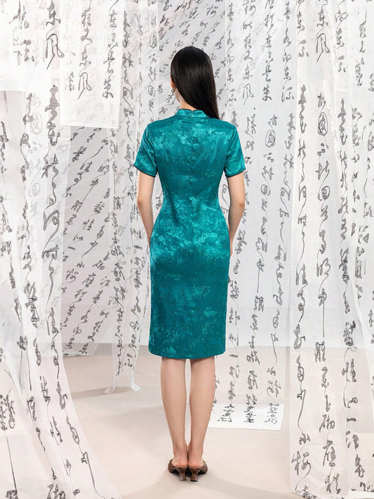 Short Sleeve Knot Button Jacquard Floral Designs New Chinese Style Cheongsam Qipao Dress