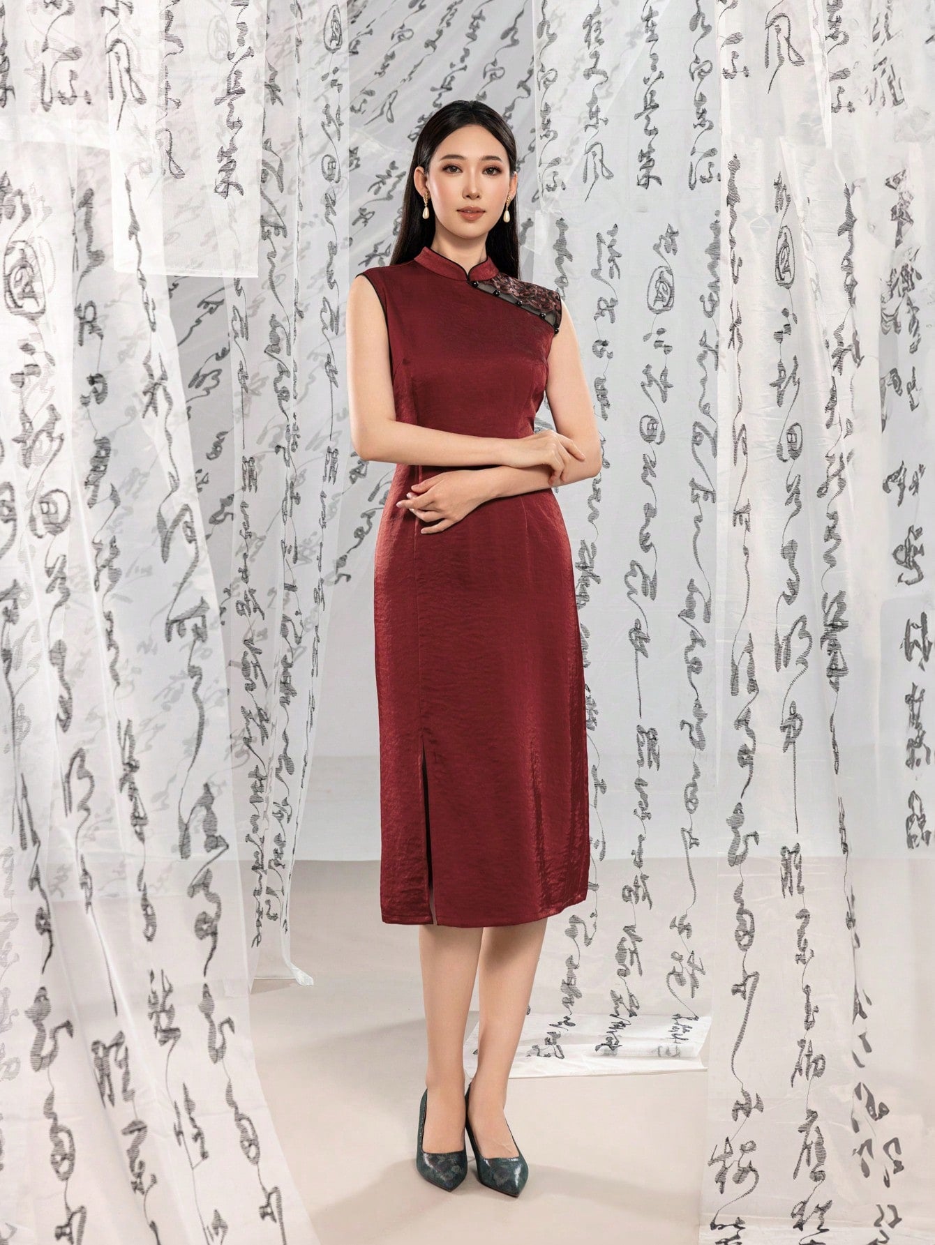 Sleeveless Knot Button Split Thigh New Chinese Style Cheongsam Qipao Dress