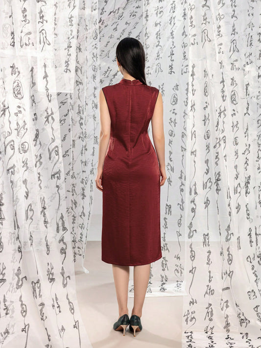 Sleeveless Knot Button Split Thigh New Chinese Style Cheongsam Qipao Dress
