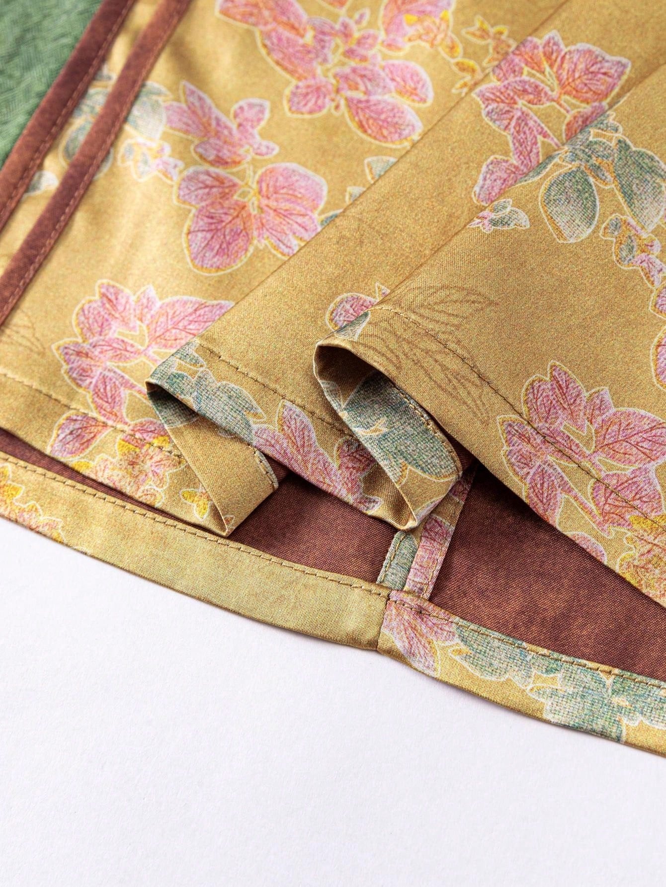 Short Sleeve Knot Button Contrast Color Split Thigh Floral Designs New Chinese Style Cheongsam Qipao Dress