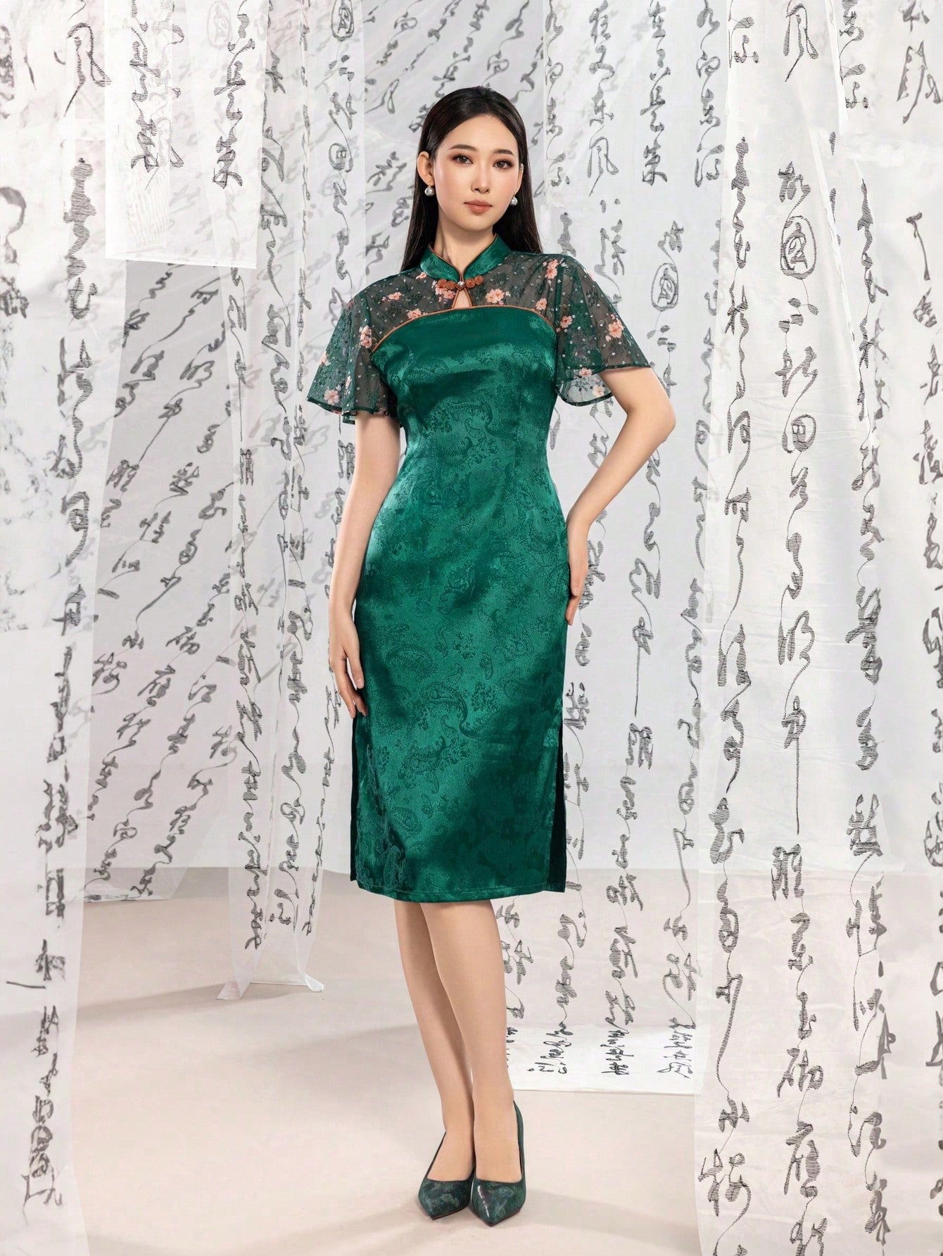 Women's Modern Chinese Cheongsam Dress with Elegant Mandarin Collar, Floral Sheer Lotus Leaf Sleeves & Side Slit | Perfect for Gala Dinners, Formal Events, Cultural Galas, Red Carpet Occasions & Luxury Business Functions