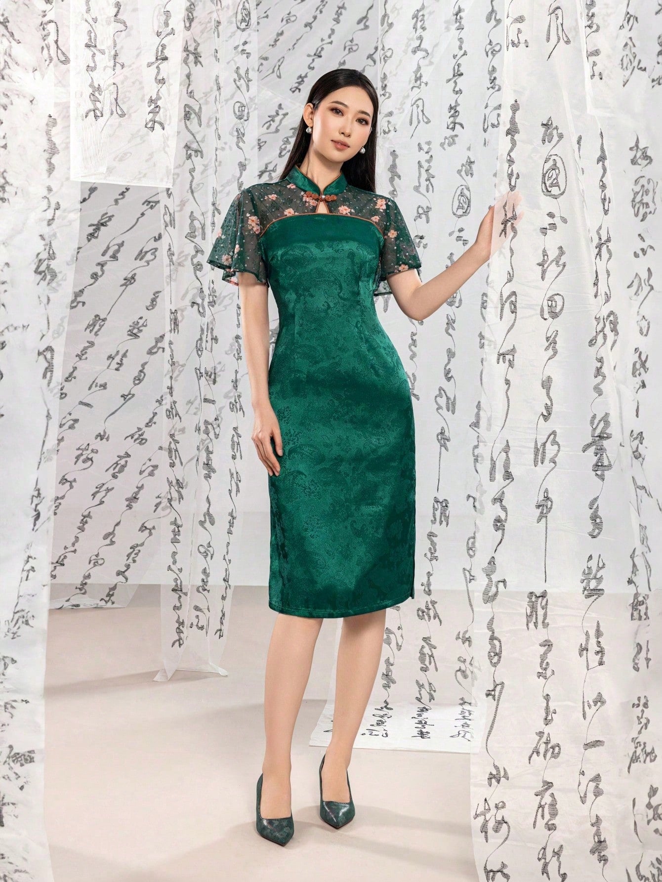 Women's Modern Chinese Cheongsam Dress with Elegant Mandarin Collar, Floral Sheer Lotus Leaf Sleeves & Side Slit | Perfect for Gala Dinners, Formal Events, Cultural Galas, Red Carpet Occasions & Luxury Business Functions