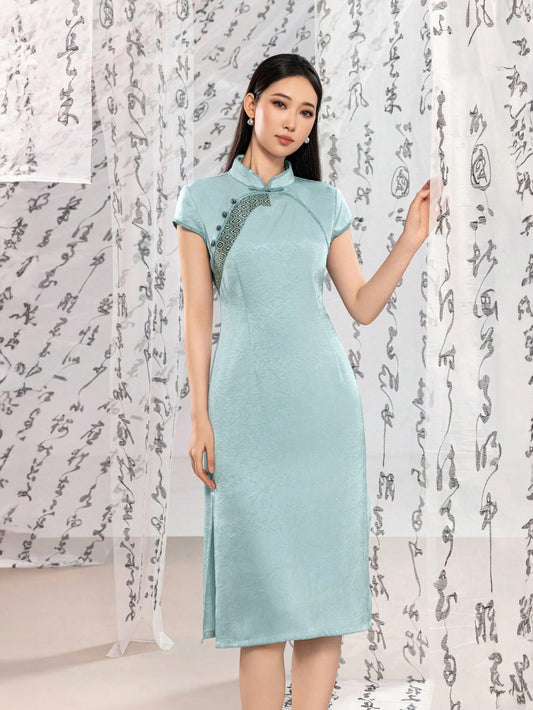 Short Sleeve Split Thigh Knot Button Satin New Chinese Style Cheongsam Qipao Dress