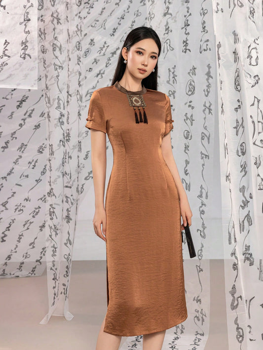 Short Sleeve Tassel Trim Split Thigh Satin New Chinese Style Cheongsam Qipao Dress