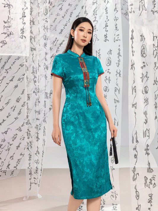 Short Sleeve Jacquard Floral Designs New Chinese Style Cheongsam Qipao Dress