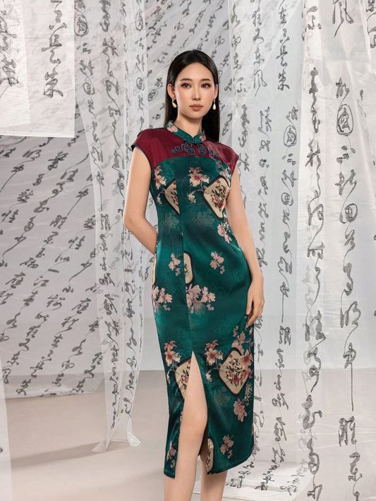 Sleeveless Knot Button Split Thigh Floral Designs New Chinese Style Cheongsam Qipao Dress
