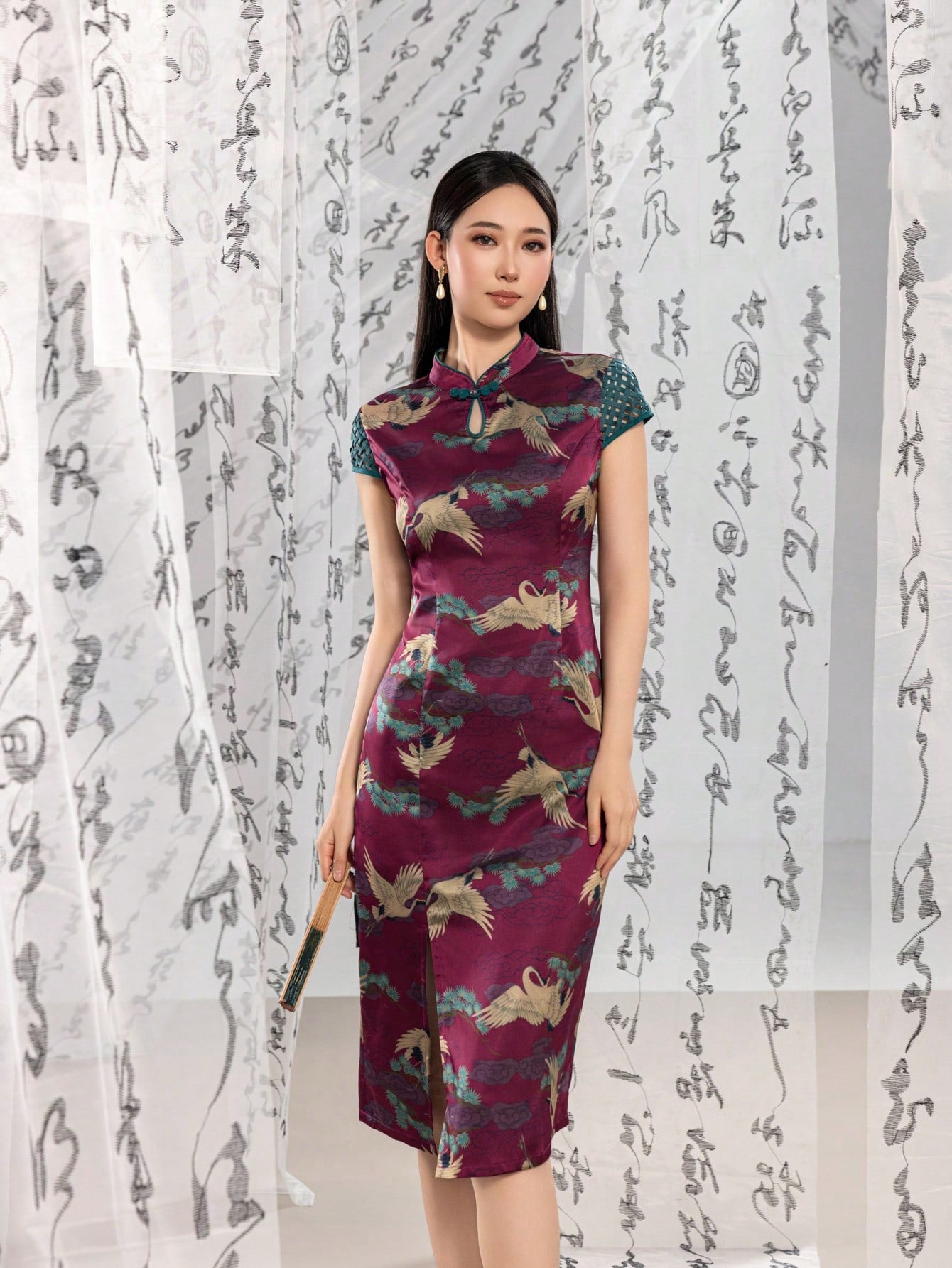 Woven Short Sleeve Knot Button Floral Designs New Chinese Style Cheongsam Qipao Dress