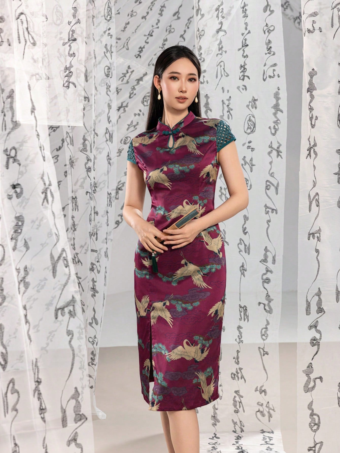 Woven Short Sleeve Knot Button Floral Designs New Chinese Style Cheongsam Qipao Dress