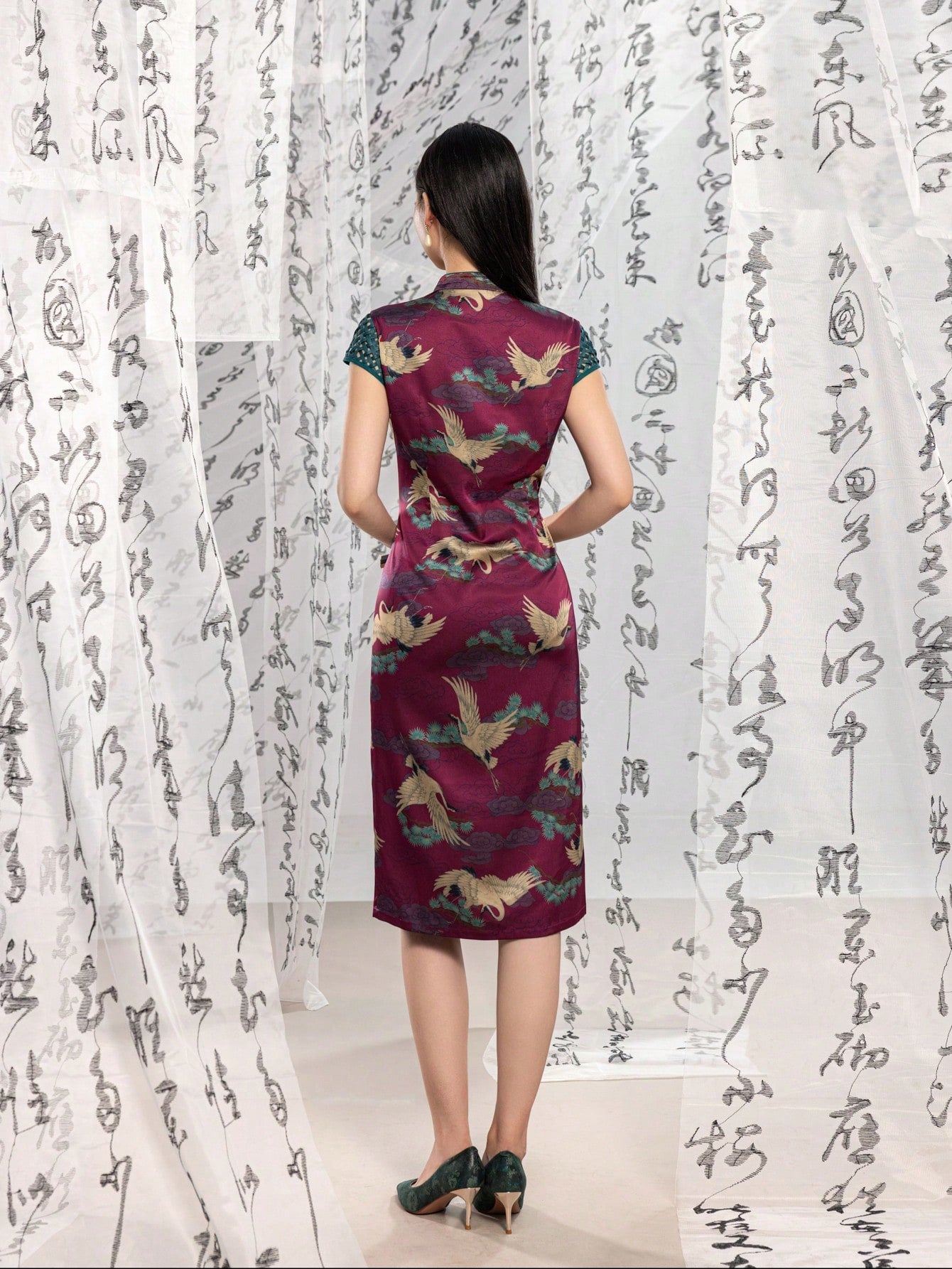 Woven Short Sleeve Knot Button Floral Designs New Chinese Style Cheongsam Qipao Dress
