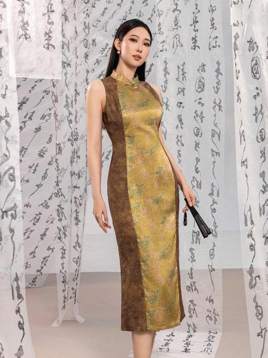 Sleeveless Floral Designs Contrast Color New Chinese Style Cheongsam Qipao Dress
