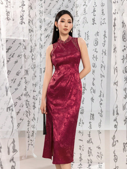 Sleeveless Floral Designs Split Thigh New Chinese Style Cheongsam Qipao Dress