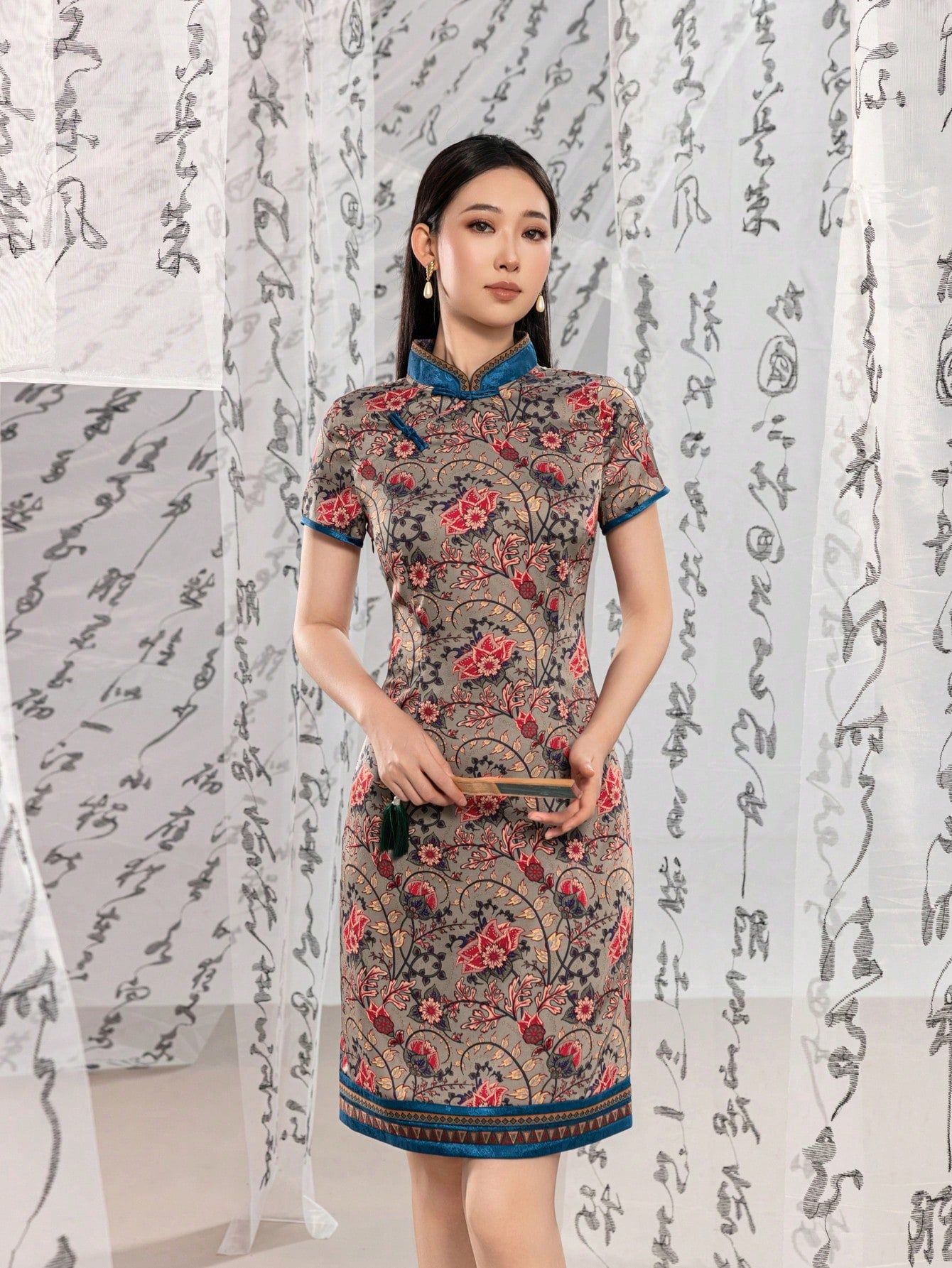 Short Sleeve Knot Button Floral Designs New Chinese Style Cheongsam Qipao Dress