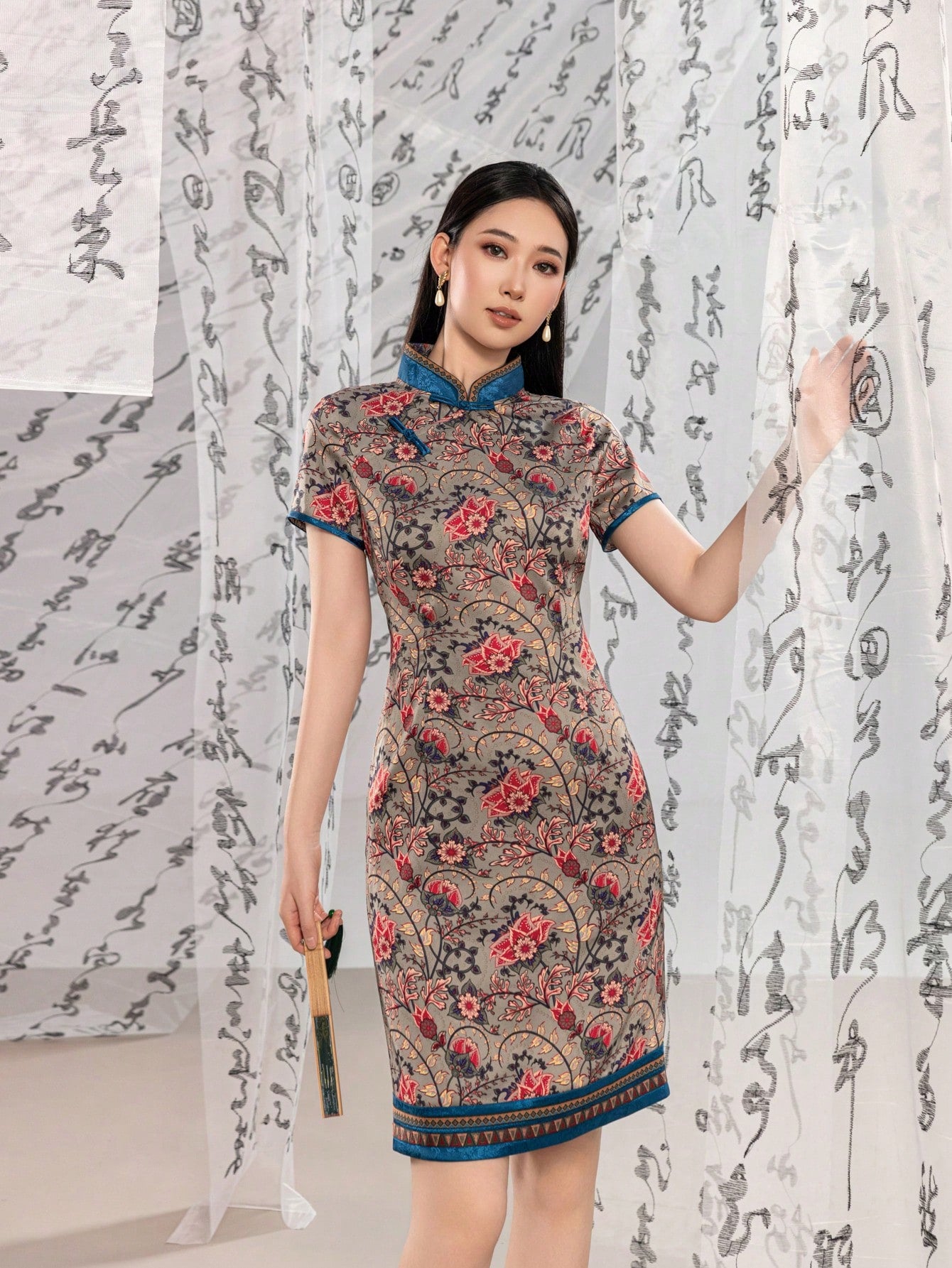 Short Sleeve Knot Button Floral Designs New Chinese Style Cheongsam Qipao Dress