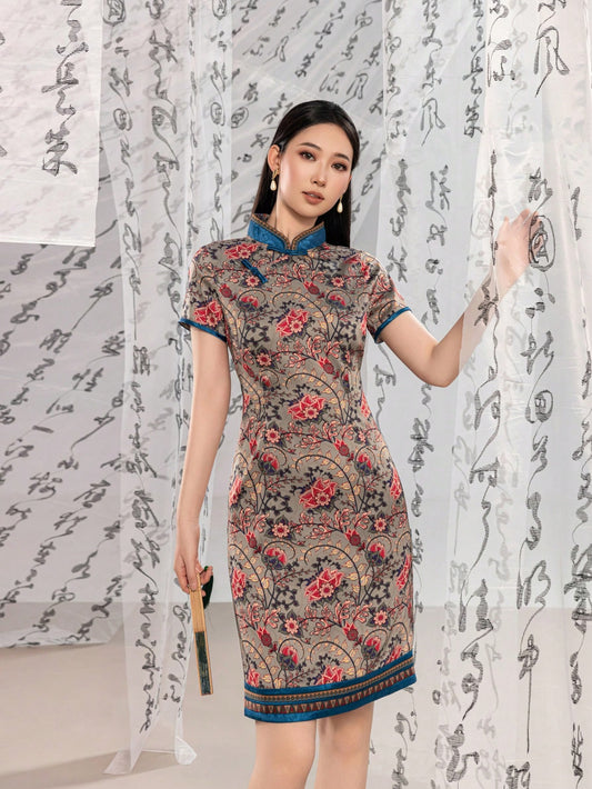 Short Sleeve Knot Button Floral Designs New Chinese Style Cheongsam Qipao Dress