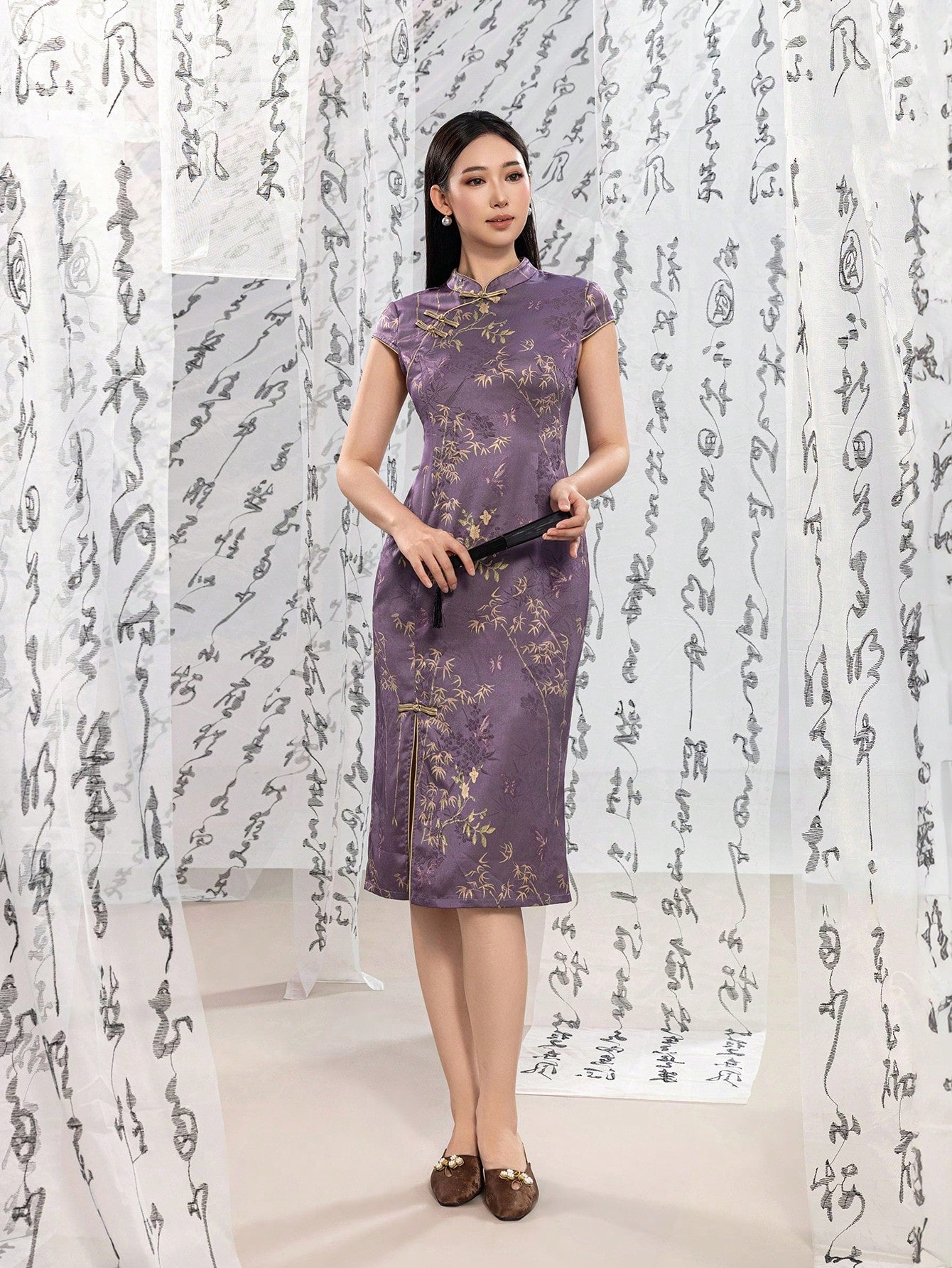 Short Sleeve Knot Button Floral Designs Slit New Chinese Style Cheongsam Qipao Dress