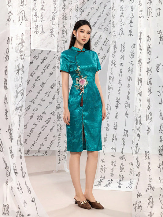 Short Sleeve Knot Button Jacquard Floral Designs New Chinese Style Cheongsam Qipao Dress