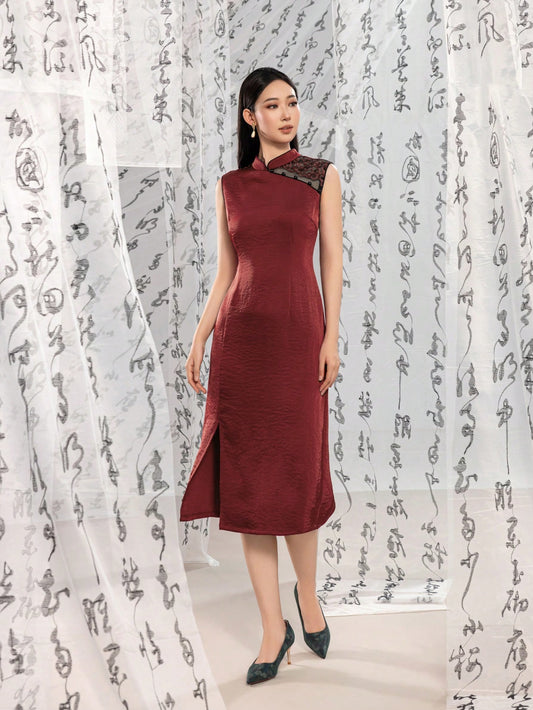 Sleeveless Knot Button Split Thigh New Chinese Style Cheongsam Qipao Dress