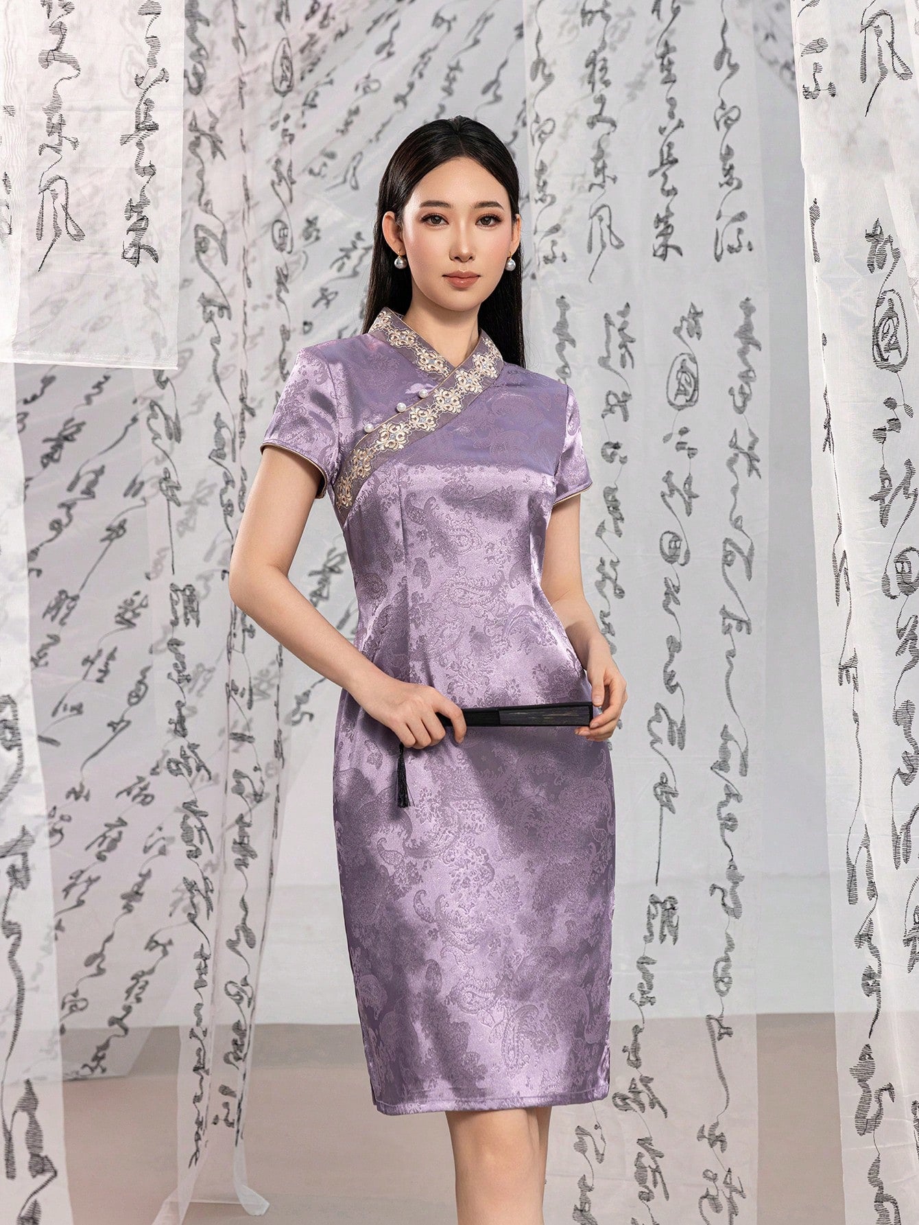 Short Sleeve Jacquard  Floral Designs New Chinese Style Cheongsam Qipao Dress