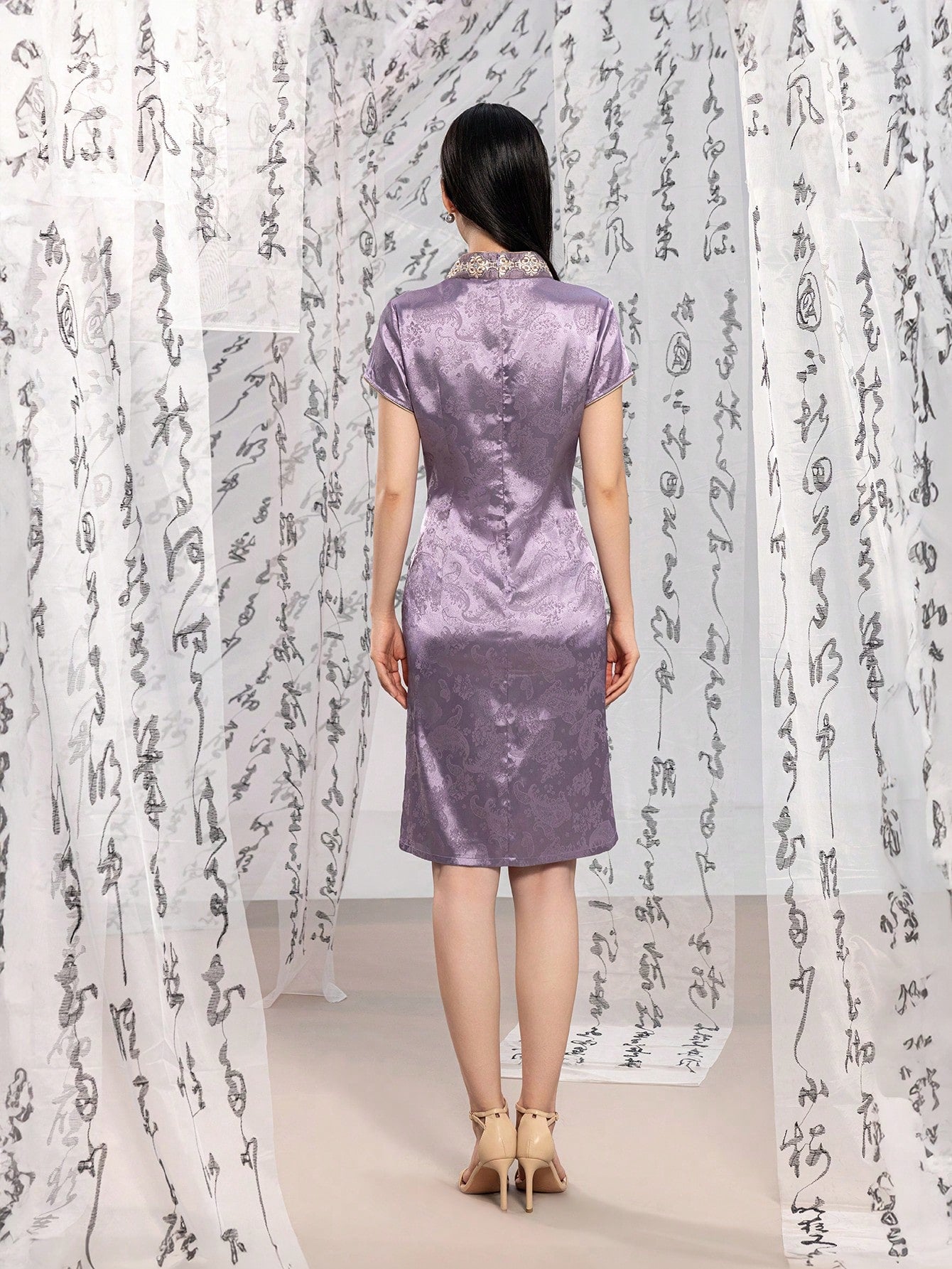 Short Sleeve Jacquard  Floral Designs New Chinese Style Cheongsam Qipao Dress