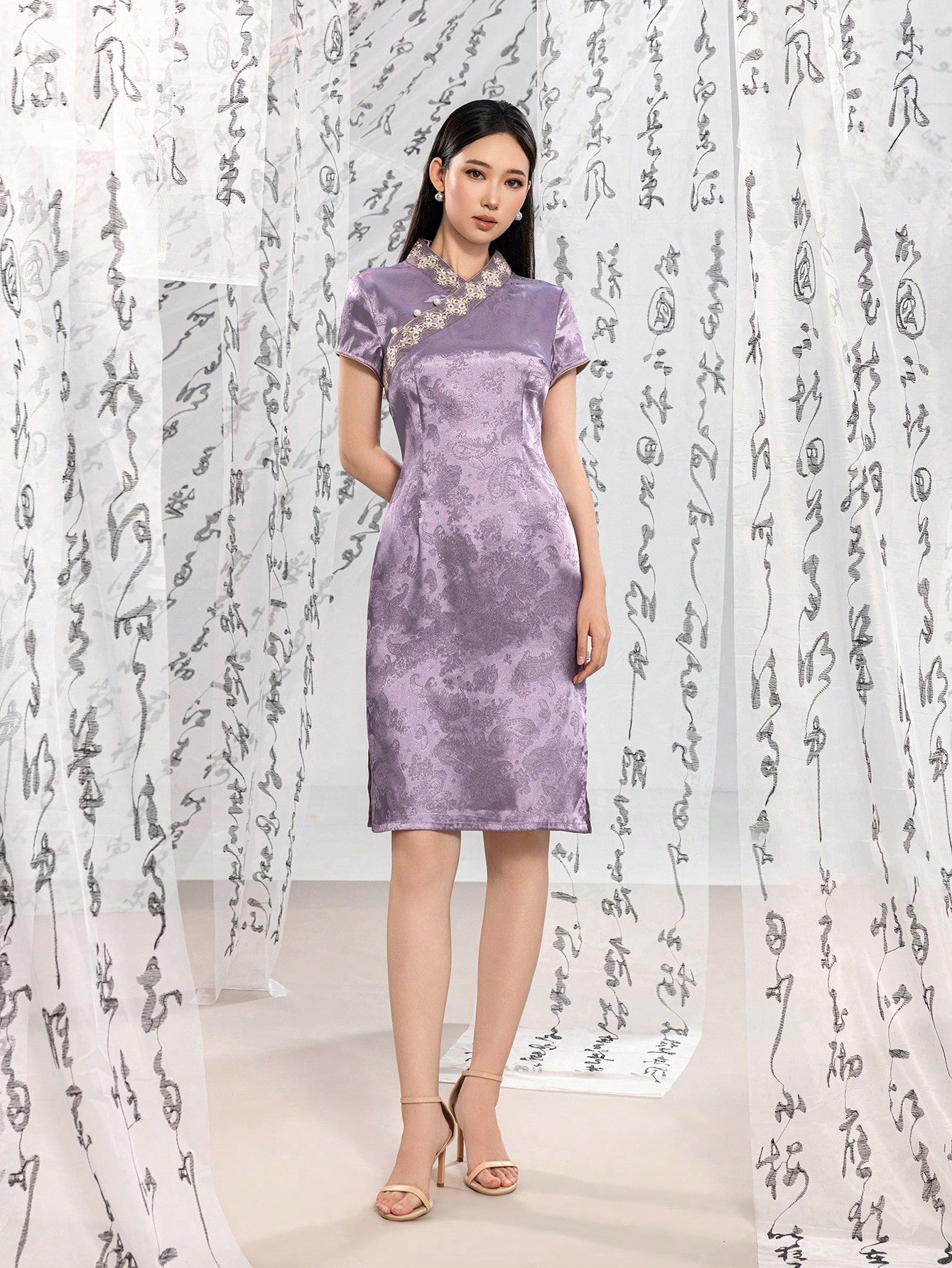 Short Sleeve Jacquard  Floral Designs New Chinese Style Cheongsam Qipao Dress