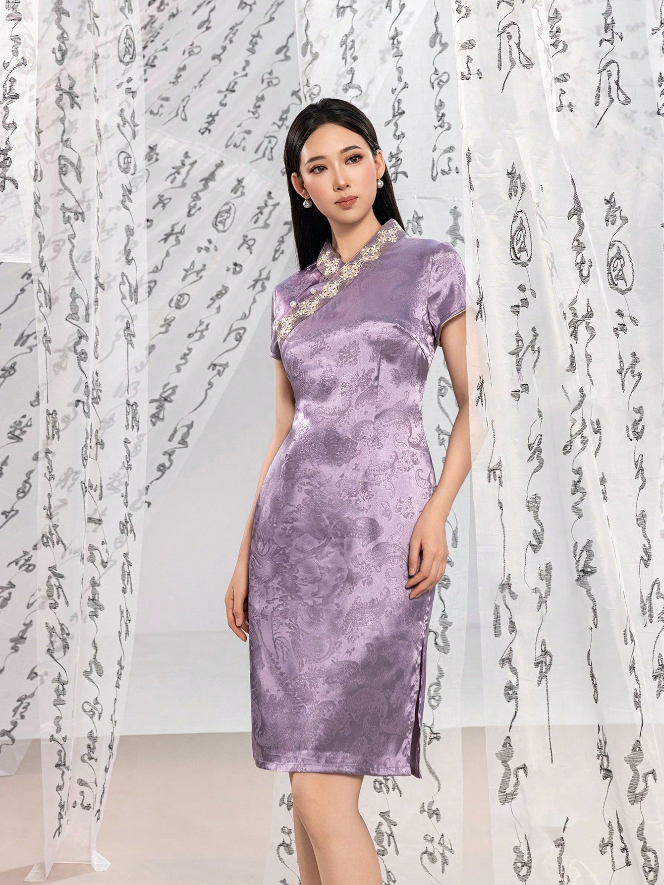 Short Sleeve Jacquard  Floral Designs New Chinese Style Cheongsam Qipao Dress
